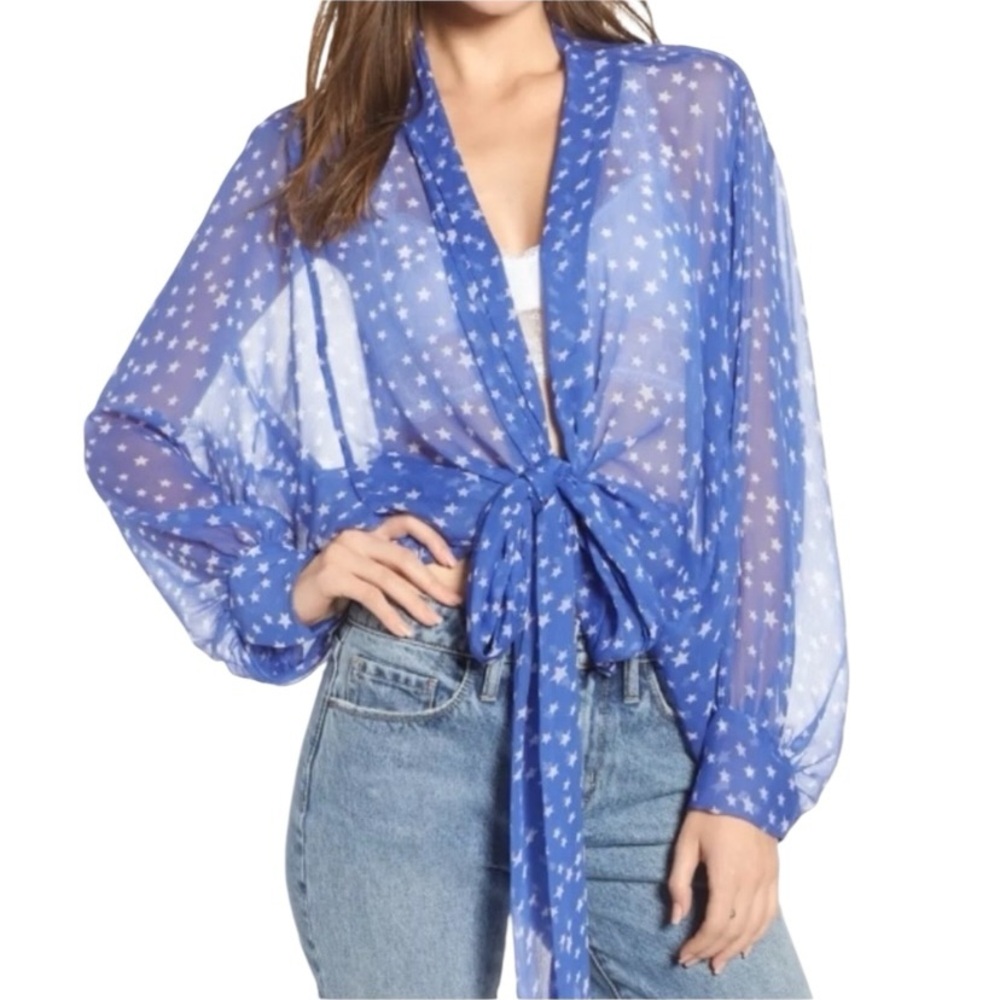 Free People Star Dazed Sheer Blue White Star Print Open Tie Front Kimono Blouse